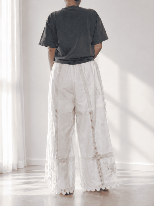 Upcycled Vintage Lace Pants, Wide Leg Flowy Trousers with Embroidery
