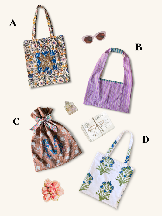 エブリデイバッグ ブロックプリント生地 コットンバッグ トート・ショルダー・巾着