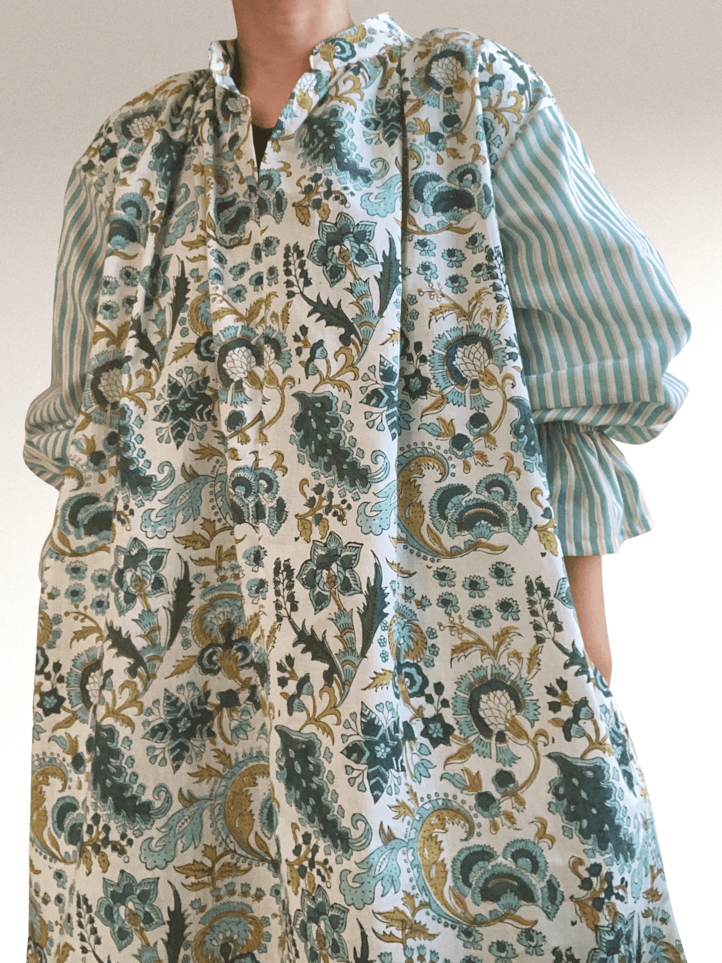 【custom order】 Hand Block Print Band Collar Split Neck Dress - Blouse #Bella