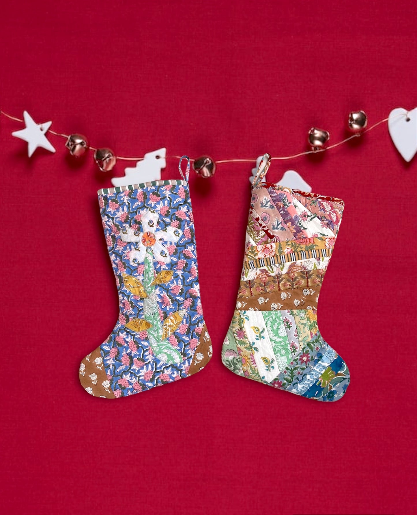 Hand Block Printed Fabric Patchwork Christmas Stocking