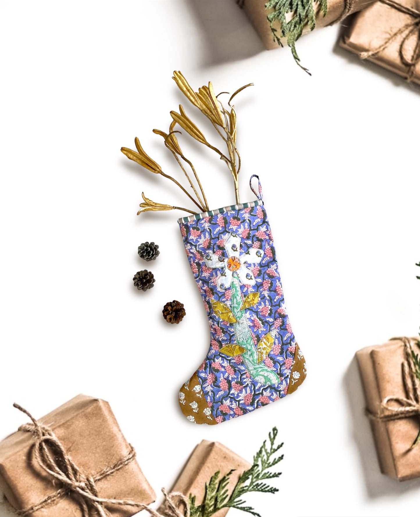 Hand Block Printed Fabric Patchwork Christmas Stocking