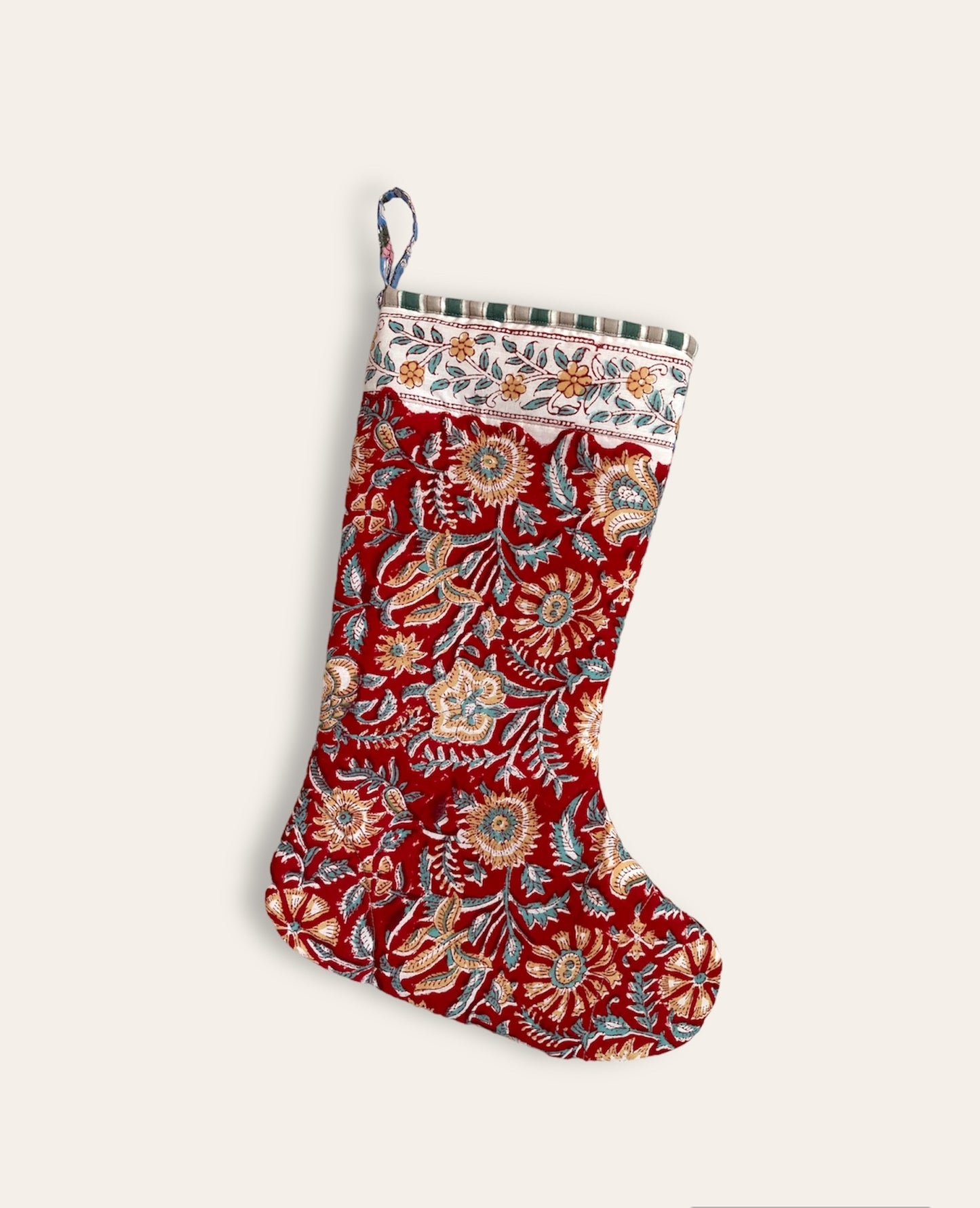 Hand Block Printed Fabric Patchwork Christmas Stocking