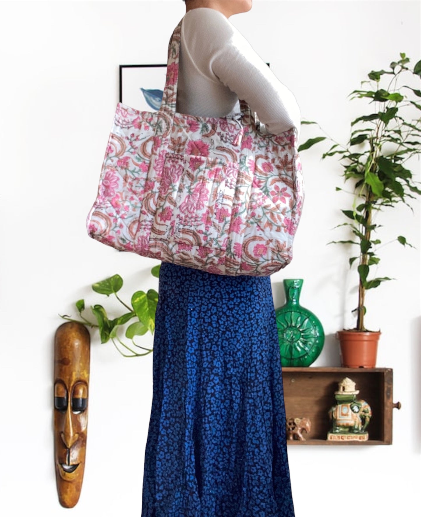 【 custom order 】Hand Block Print Quilted Tote Bag #daybag-M