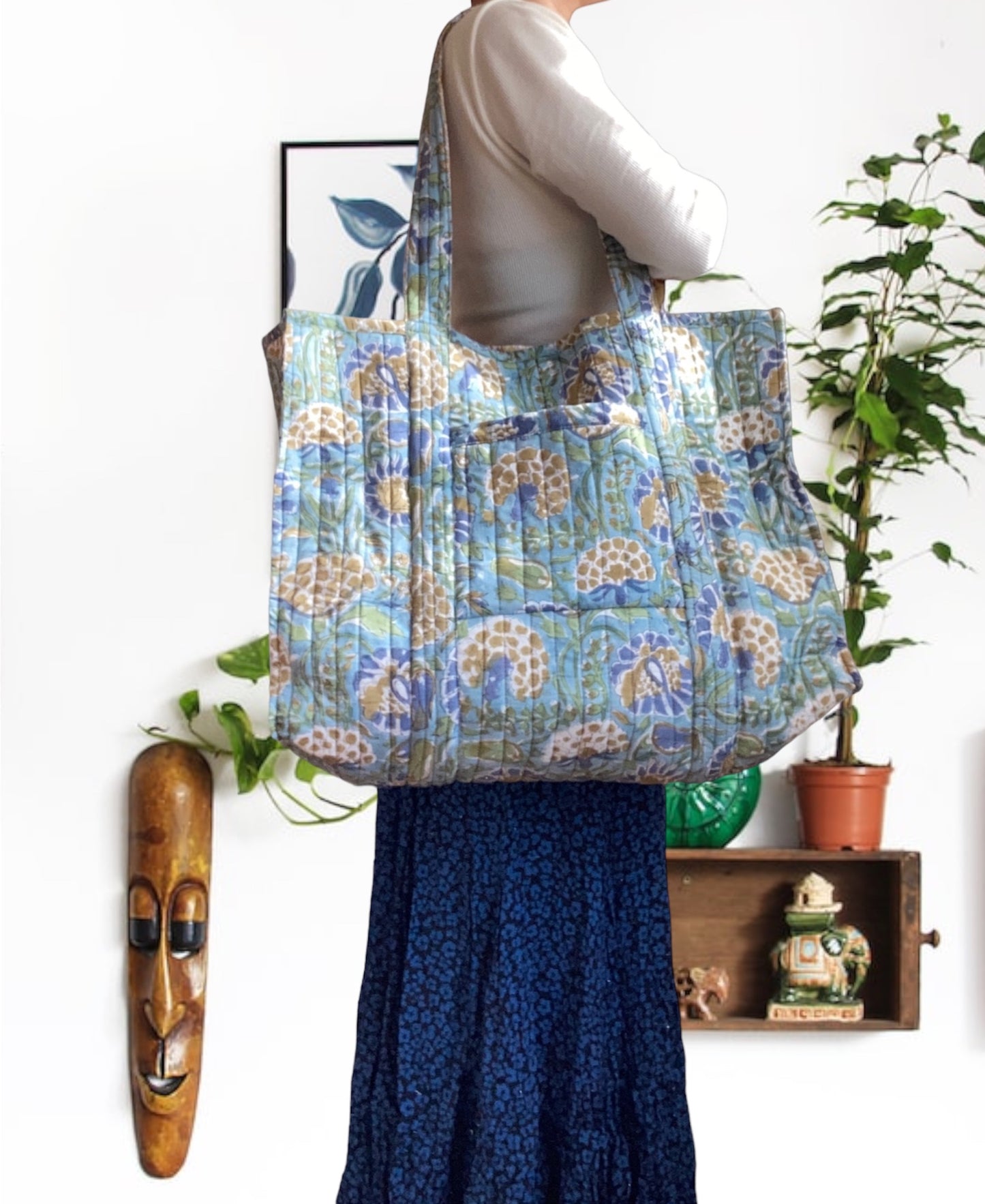 ハンドブロックプリントキルティングトートバッグ #daybag-L
