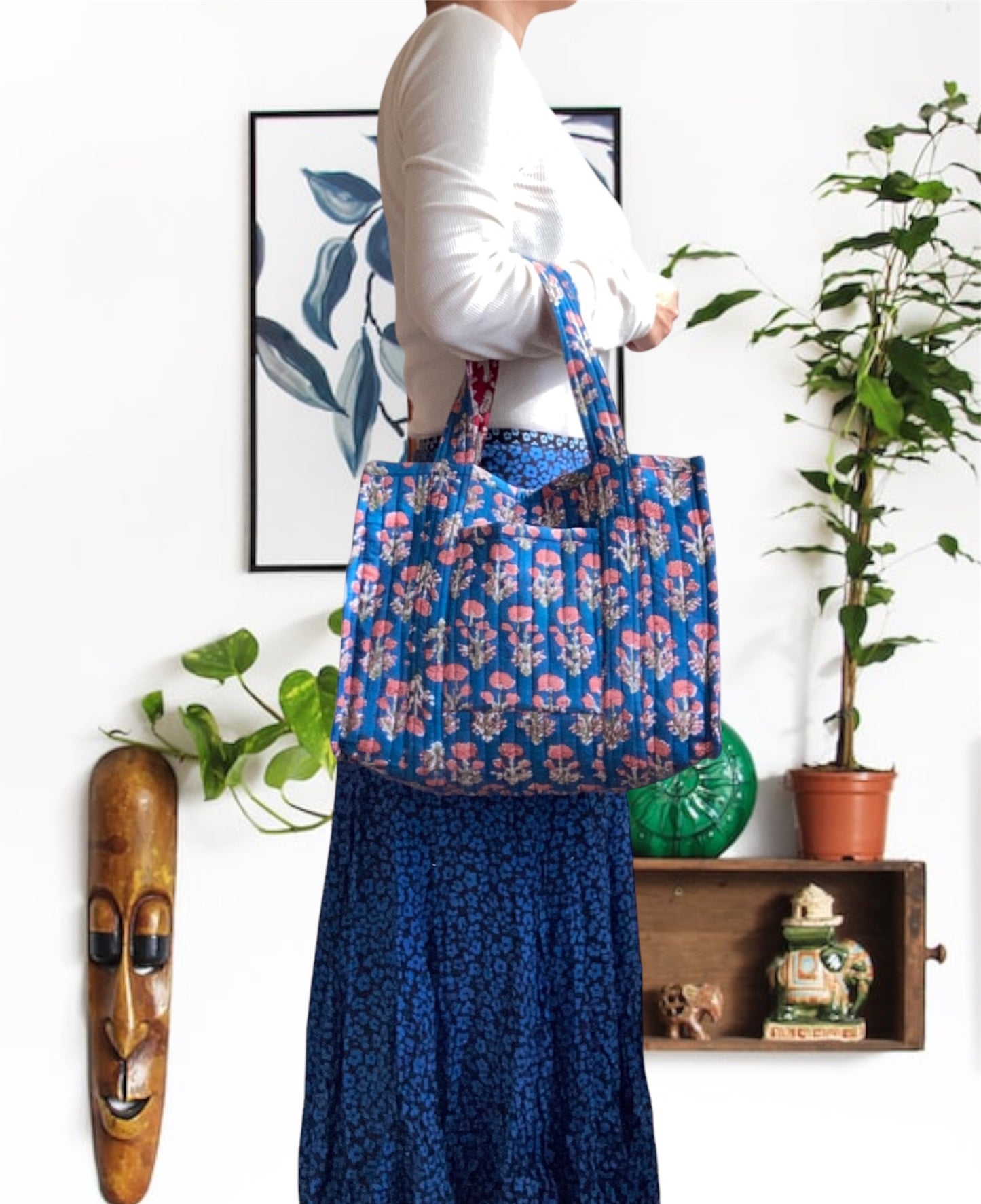 【 custom order 】Hand Block Print Quilted Tote Bag #daybag-M