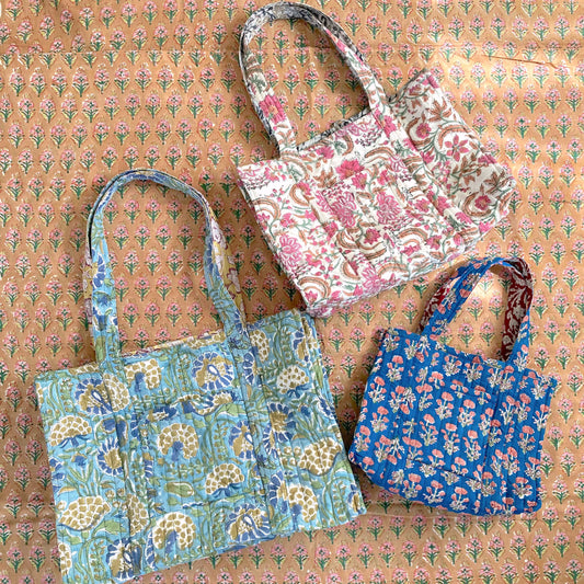 【 custom order 】Hand Block Print Quilted Tote Bag #daybag-M