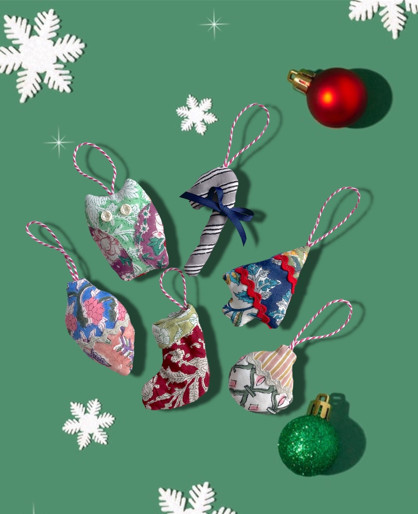 Hand Block Printed Fabric Handmade Christmas Ornaments Set