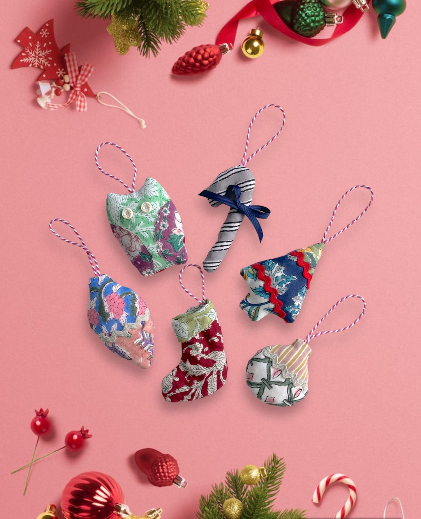Hand Block Printed Fabric Handmade Christmas Ornaments Set