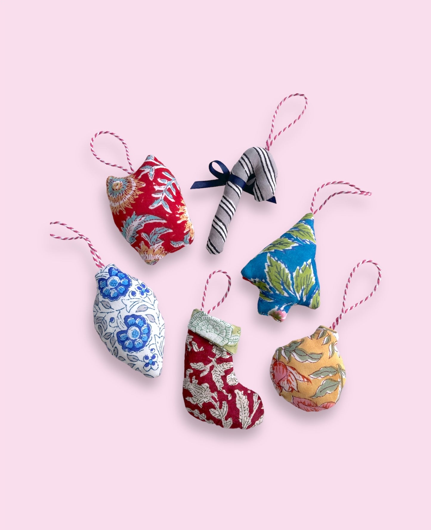 Hand Block Printed Fabric Handmade Christmas Ornaments Set