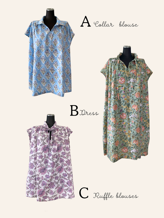 サンプルセール ブロックプリント コットン生地  3種 フレンチスリーブトップ&ドレス