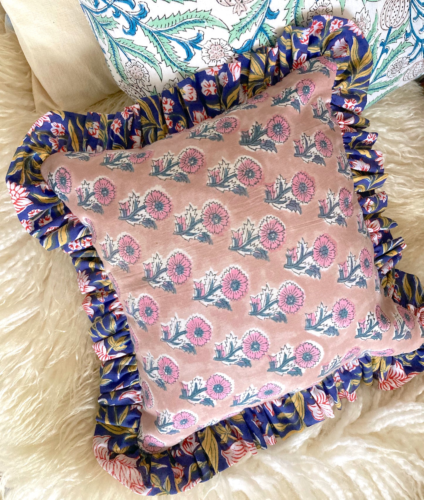 【custom order】インド綿ハンドブロックプリント フリルクッションカバー Ruffle Pillow #sq
