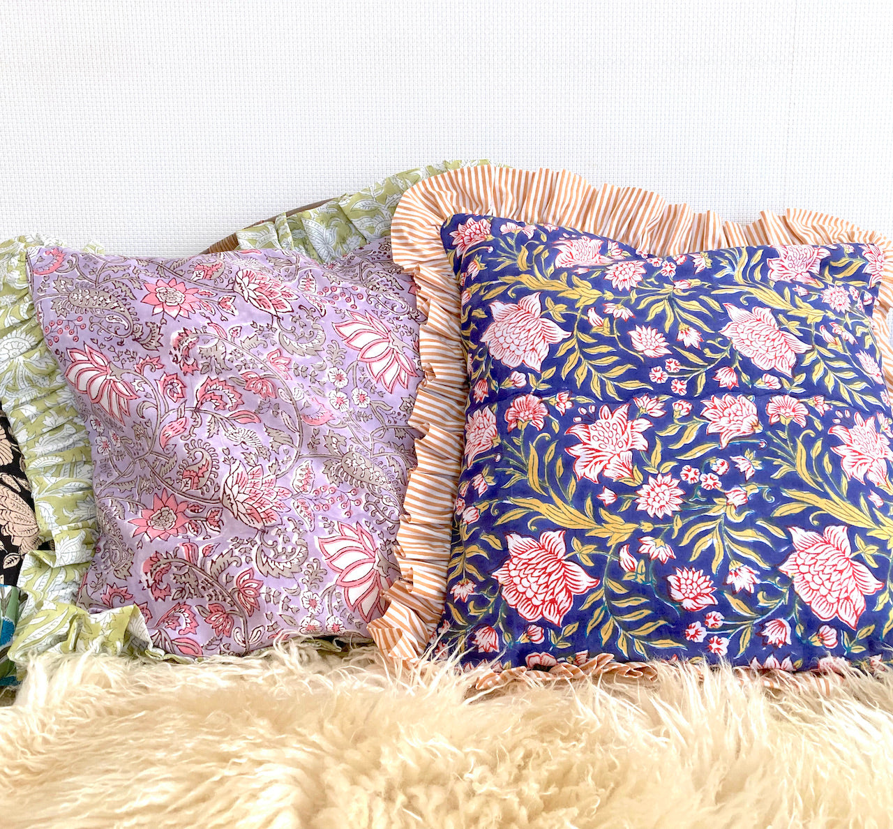 【custom order】インド綿ハンドブロックプリント フリルクッションカバー Ruffle Pillow #sq