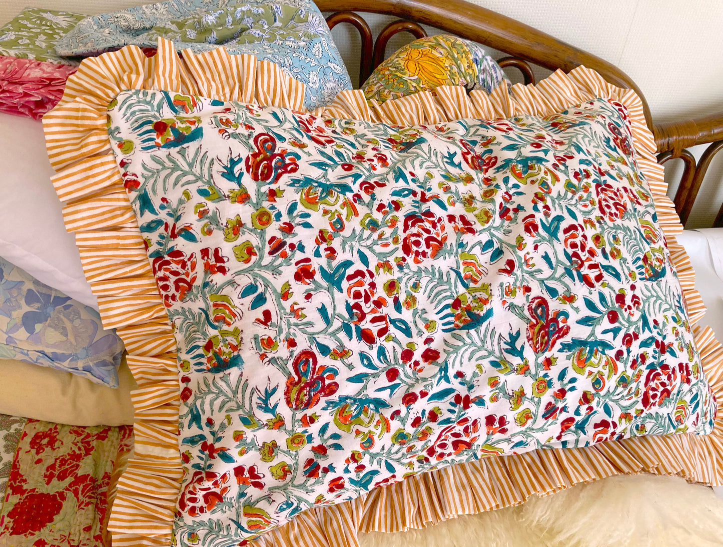 【custom order】インド綿ハンドブロックプリント フリルピローカバー Ruffle Pillow #rec