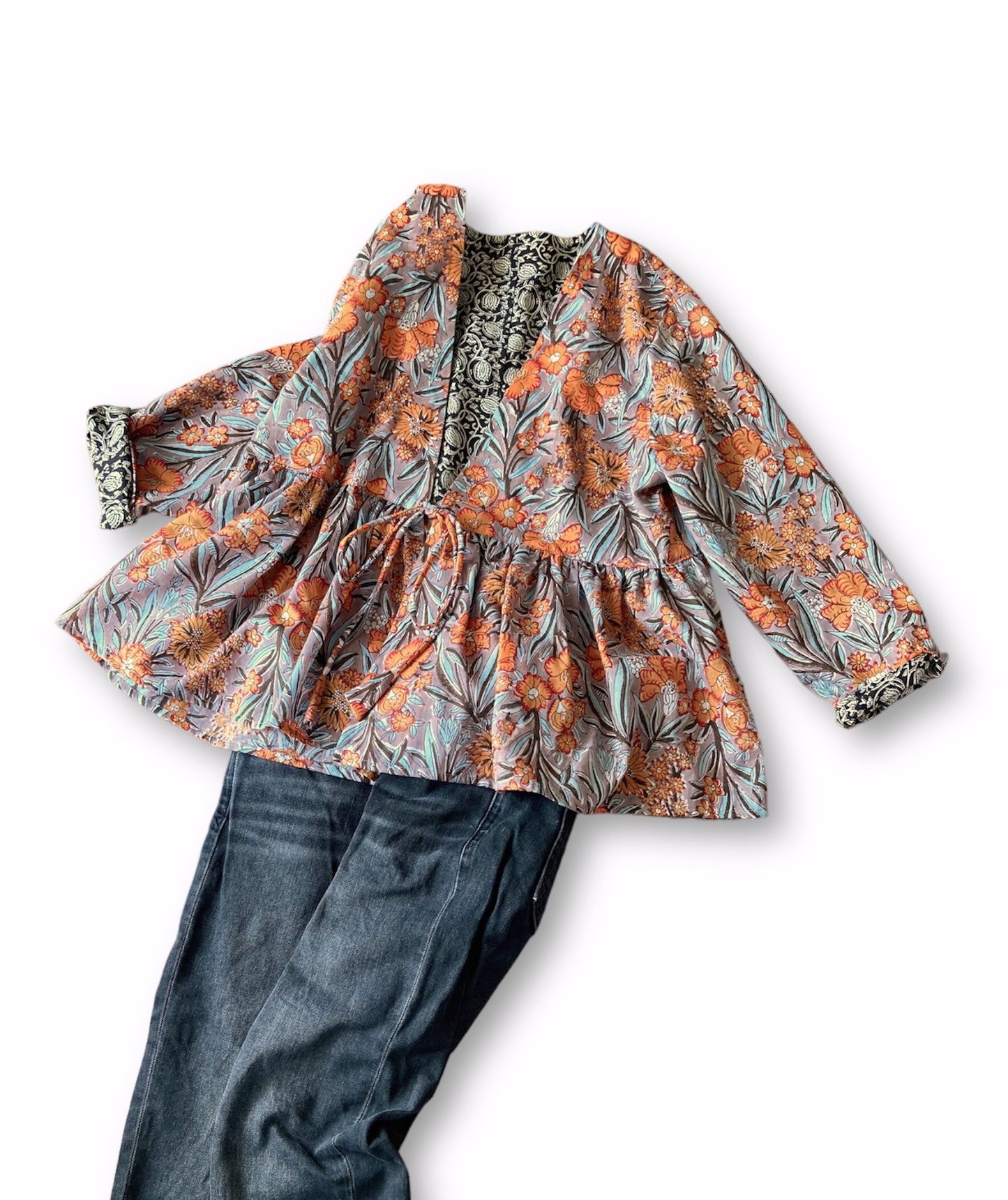 【 custom order 】Hand Block Printed Cotton Ribbon Blouse #Vera