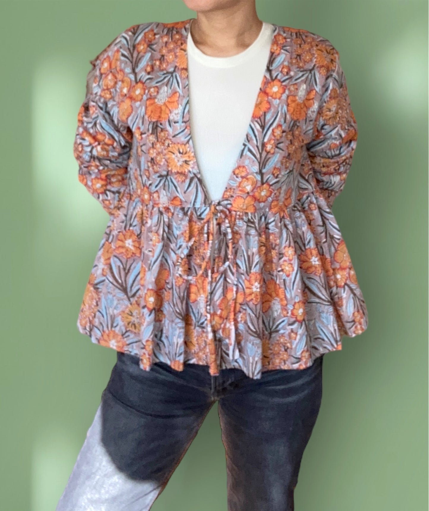 【 custom order 】Hand Block Printed Cotton Ribbon Blouse #Vera