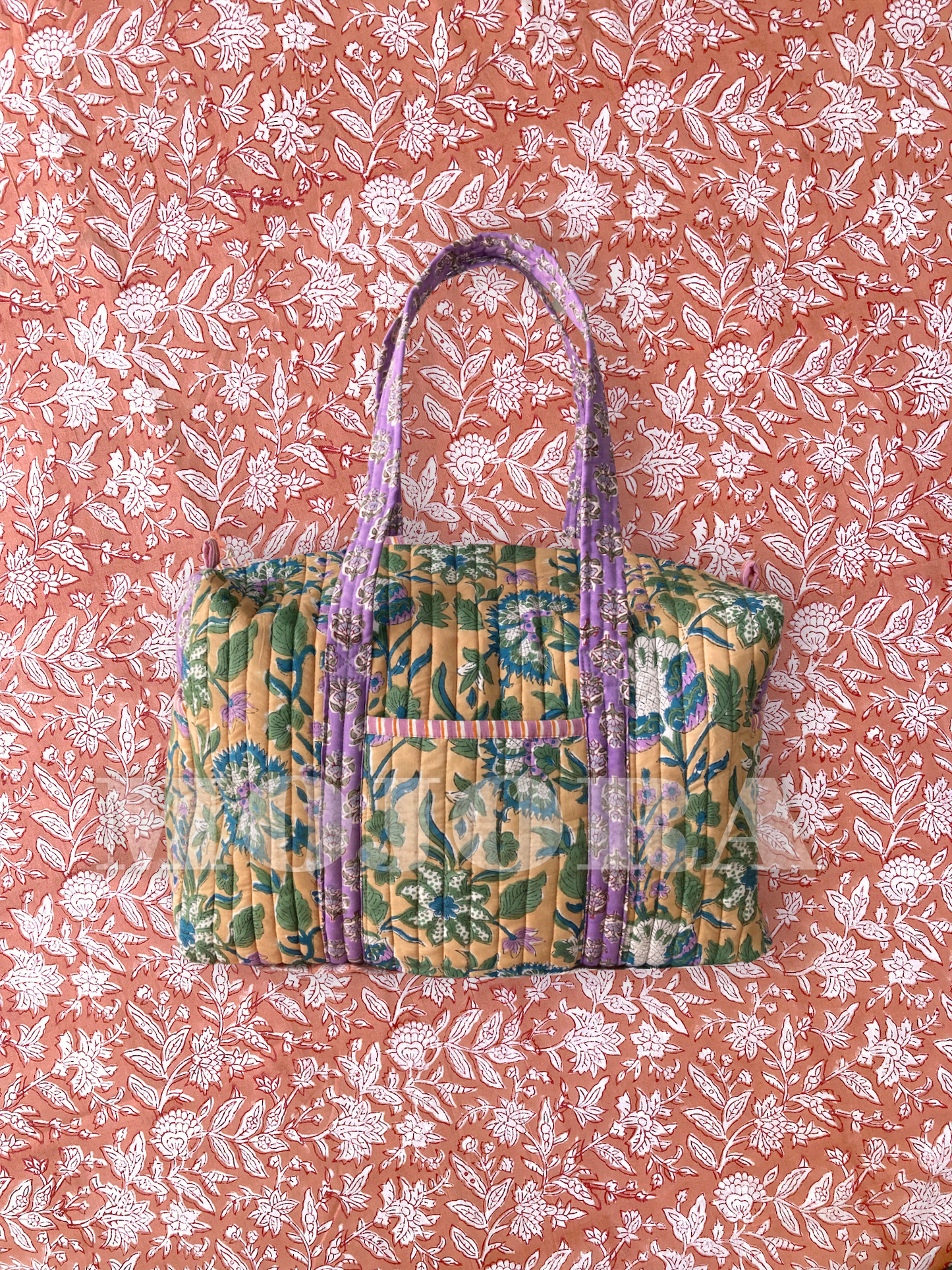 ハンドブロックプリント キルティング トラベル ボストンバッグ  weekend bag