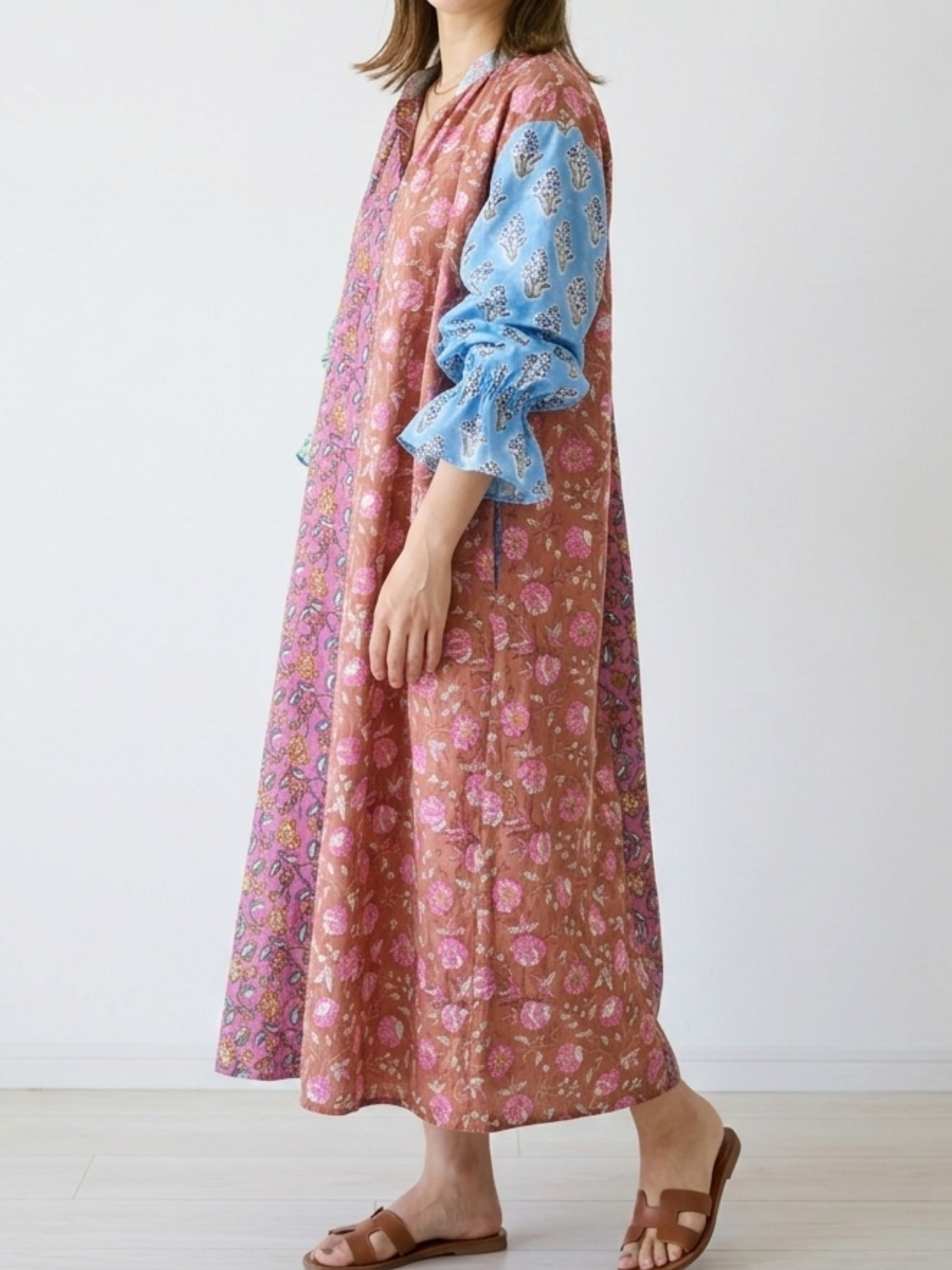 【custom order】 Hand Block Print Band Collar Split Neck Dress - Blouse #Bella