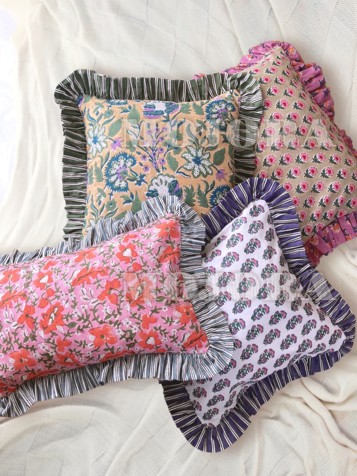 カラフル ブロックプリント リバーシブル フリル クッションカバー 各種