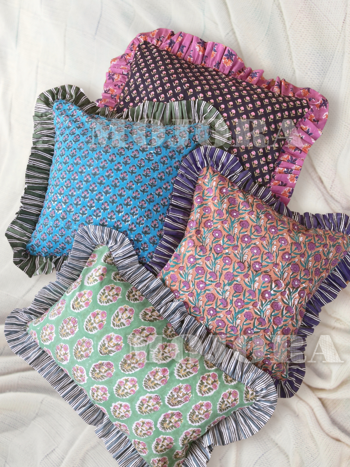 カラフル ブロックプリント リバーシブル フリル クッションカバー 各種