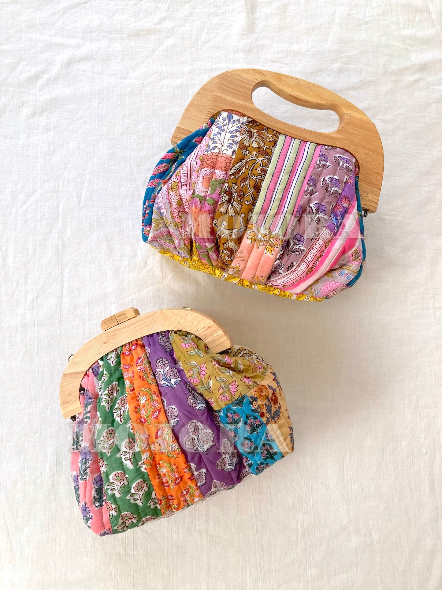 Wooden Handle Hand Block Print Quilted Handbag / Clutch Bag