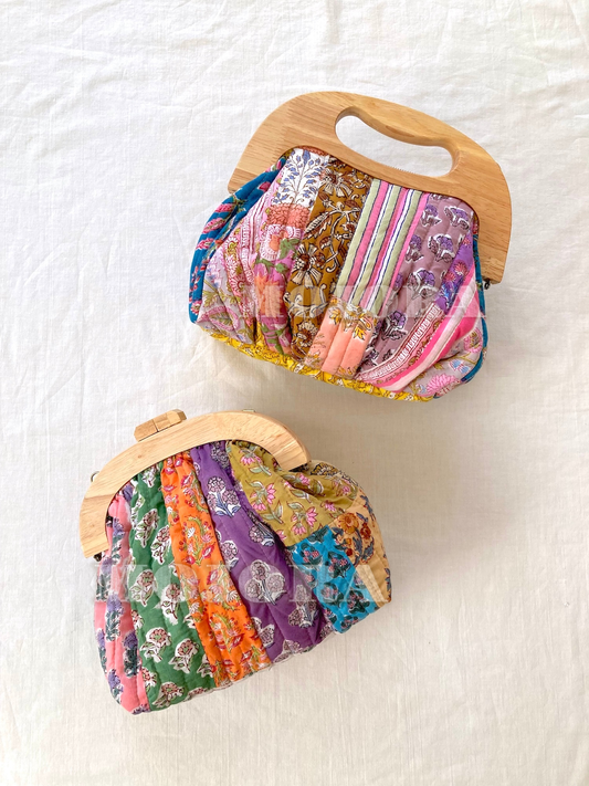 木製 ハンドル ブロックプリント パッチワーク キルティング ハンドバッグ クラッチバッグ