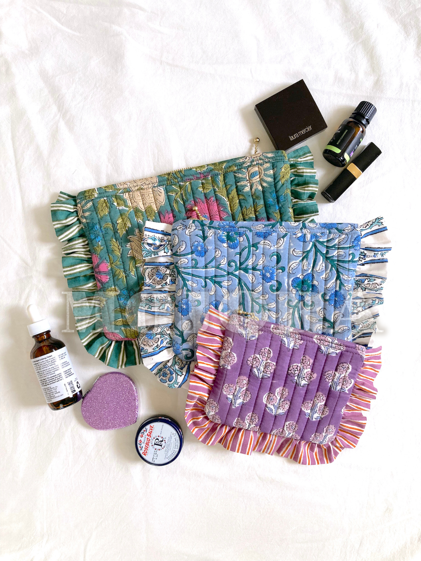 Hand Block Printed Fabric Floral Frill Zipper Cosmetic Bag / Frilled Pouch / Quilted Case