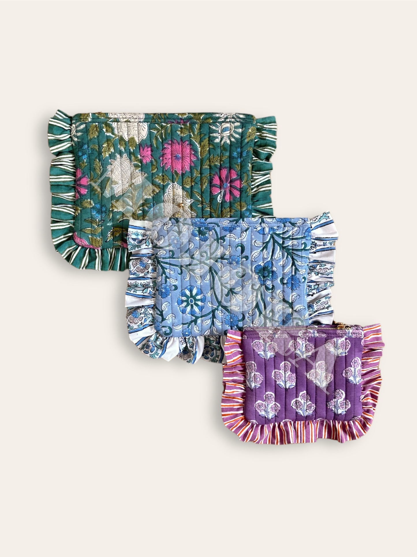 Hand Block Printed Fabric Floral Frill Zipper Cosmetic Bag / Frilled Pouch / Quilted Case