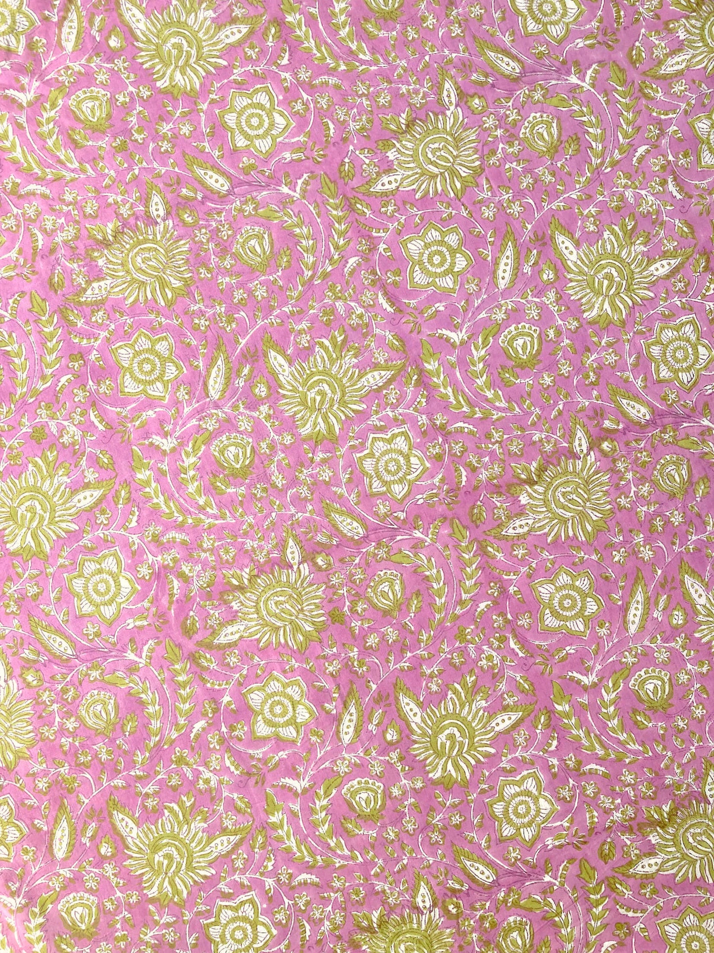 Hand Block Printed Cotton Fabric Pink x Olive #173-5