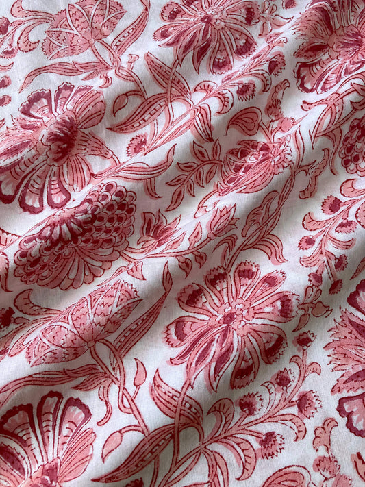 Hand Block Printed Cotton Fabric White x Pink #216-G
