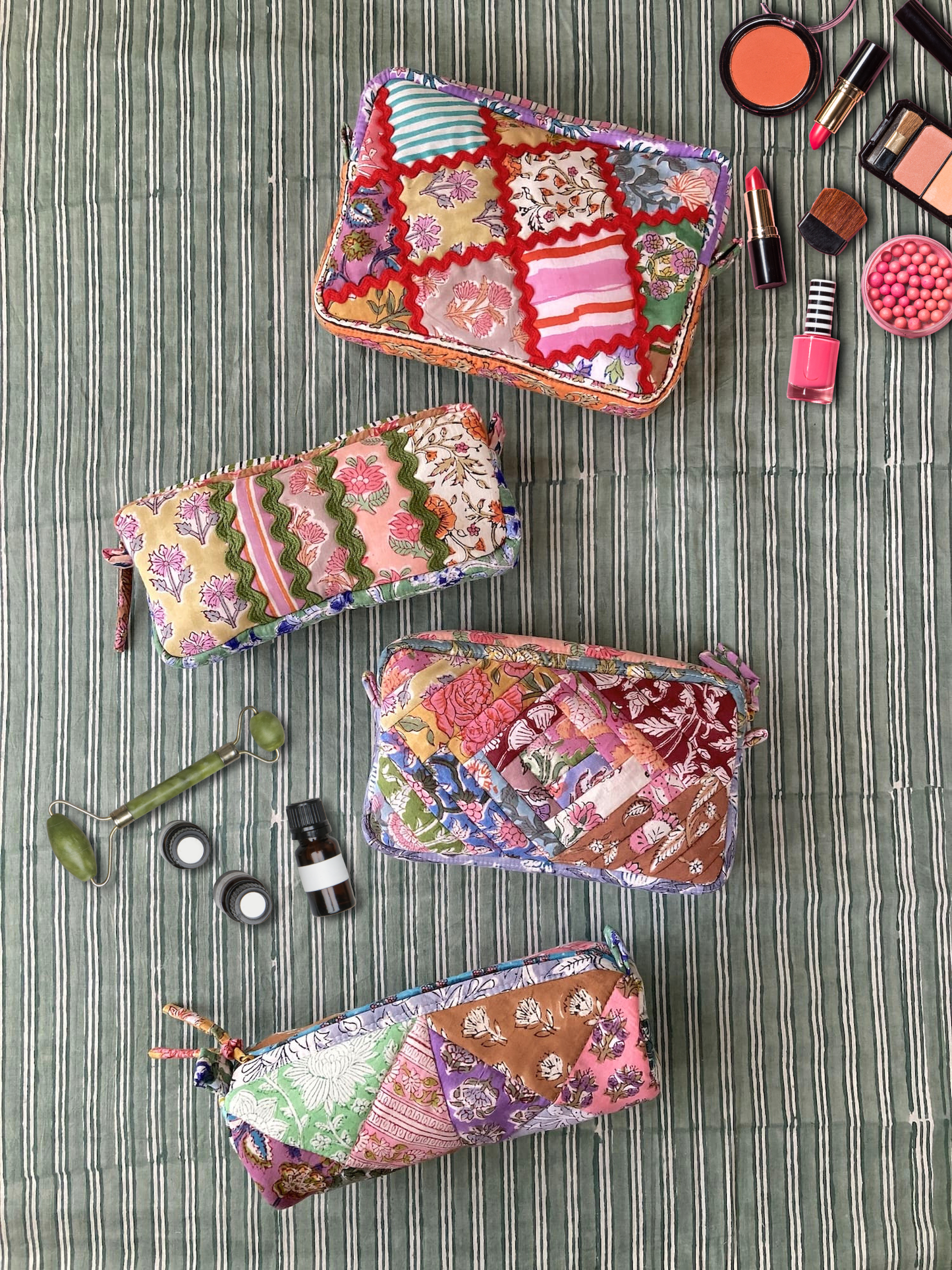 Hand Block Print Fabric Quilted Patchwork Makeup pouch / Travel Bag / Toiletry Bag