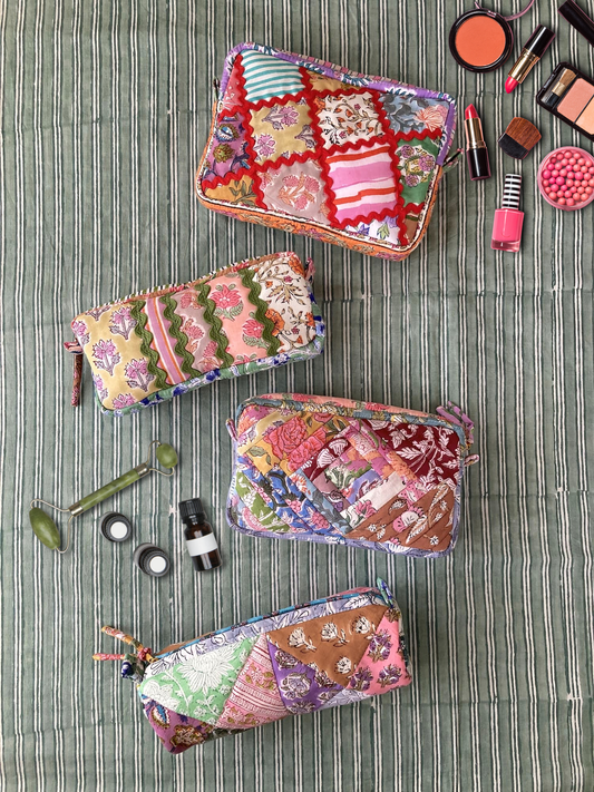 Hand Block Print Fabric Quilted Patchwork Makeup pouch / Travel Bag / Toiletry Bag