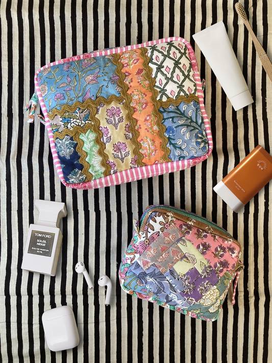 Hand Block Print Fabric Quilted Patchwork Makeup pouch / Travel Bag / Toiletry Bag #2