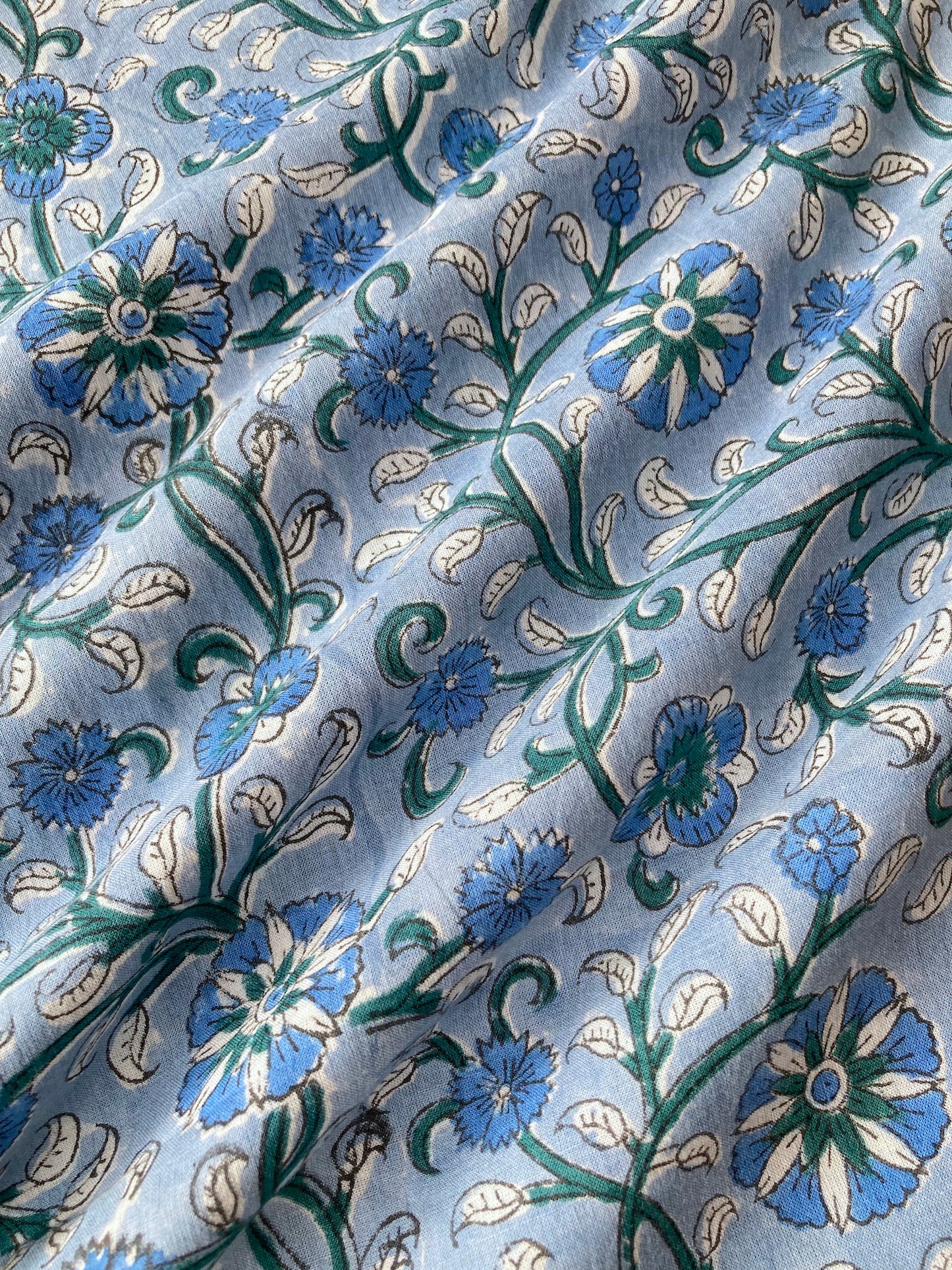 Hand Block Printed Cotton Fabric Light Blue#174-28