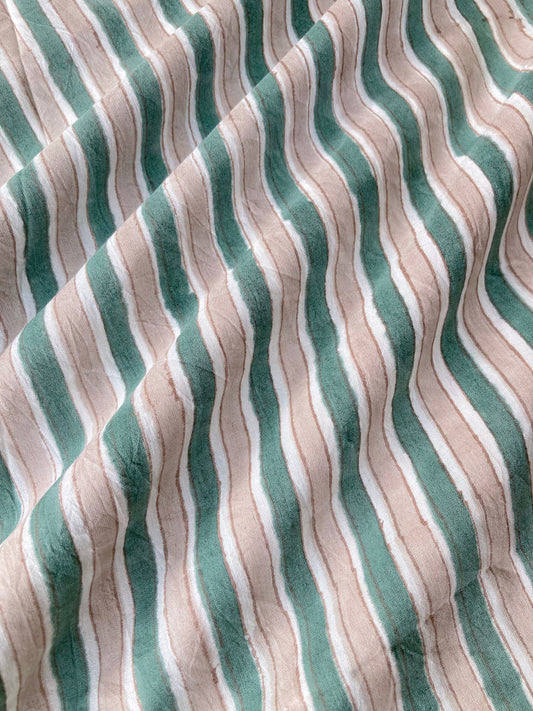 Hand Block Printed Cotton Fabric Green Striped #174-32