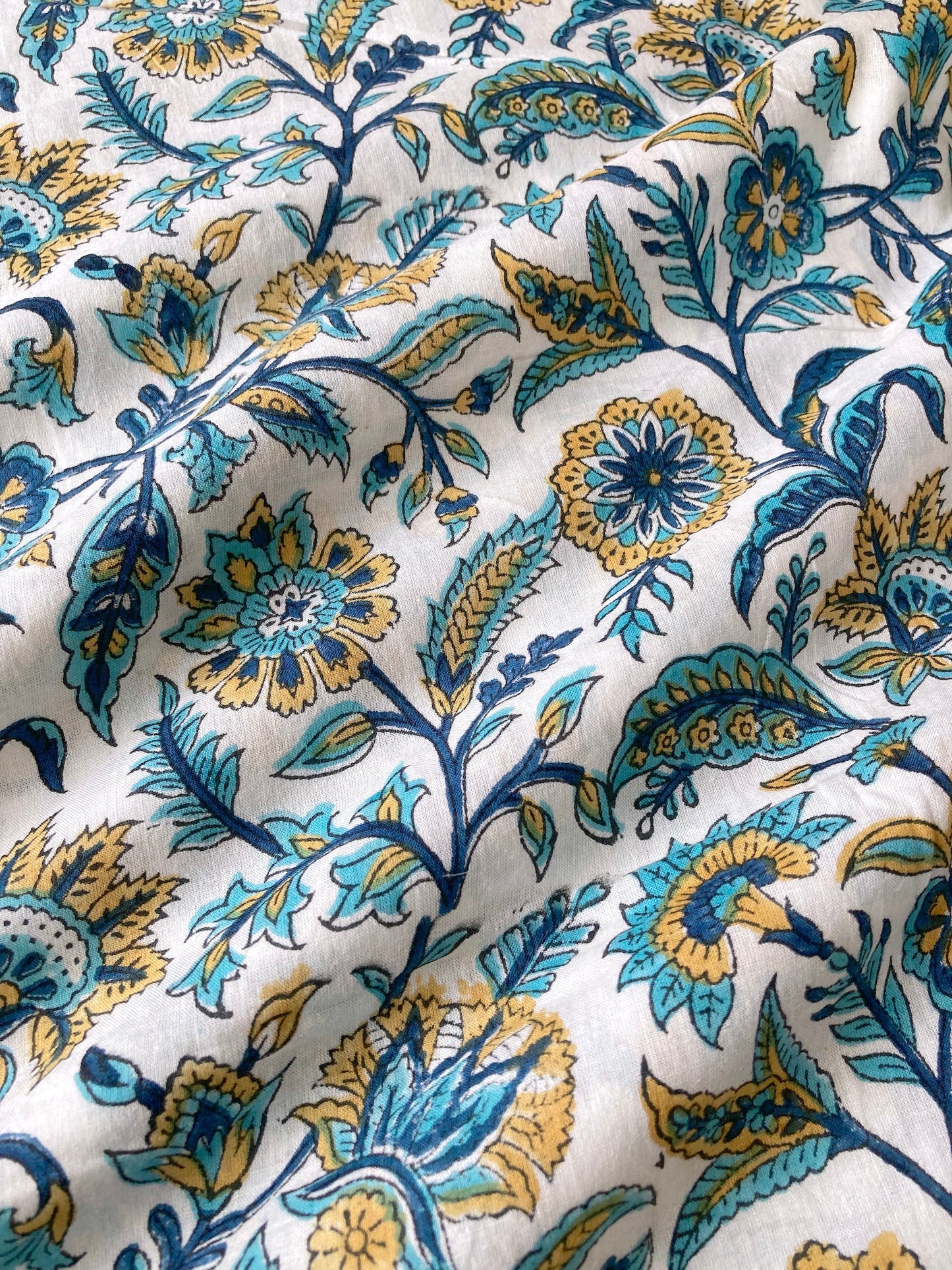 【PRE-CUT 45cm】Hand Block Printed Cotton Fabric Turquoise x Yellow #174-5