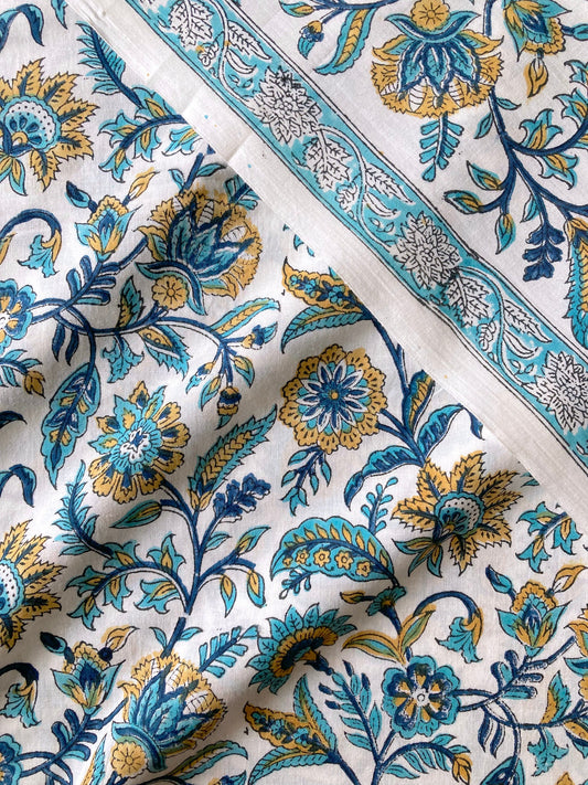 【PRE-CUT 45cm】Hand Block Printed Cotton Fabric Turquoise x Yellow #174-5