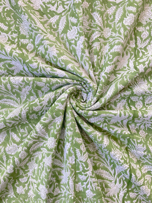 Hand Block Printed Cotton Fabric #197-12 Matcha Green