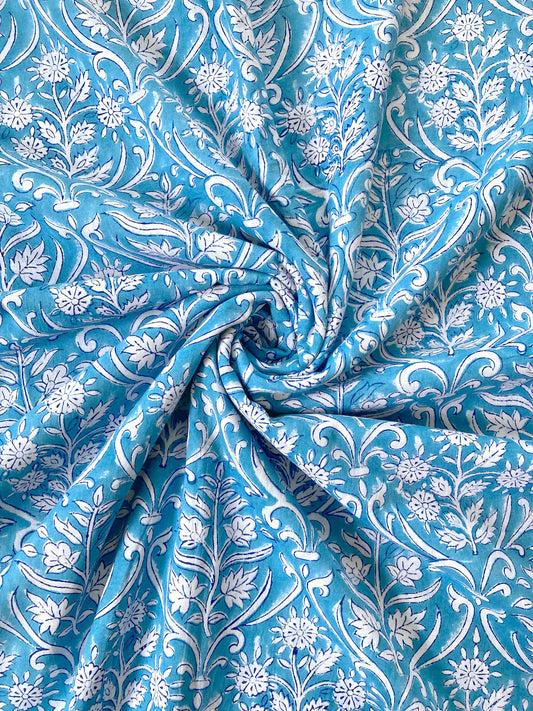 Hand Block Printed Cotton Fabric #197-15 Light Blue