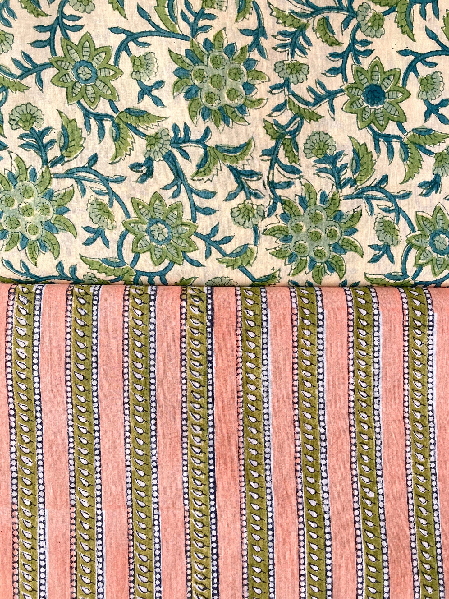 Hand Block Printed Cotton Fabric Salmon/Olive #197-25