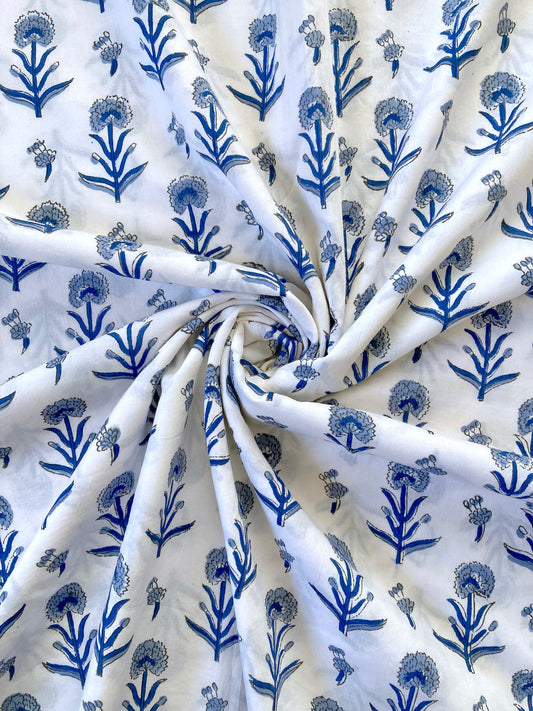Hand Block Print White x Blue Flower Cotton Fabric  #197-30
