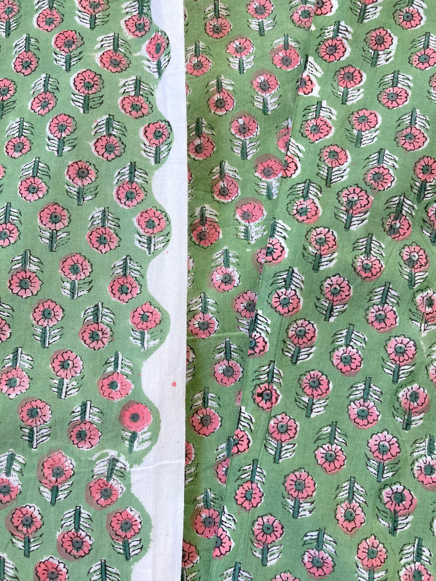 Hand Block Floral Printed Cotton Fabric Jade Green #207-14