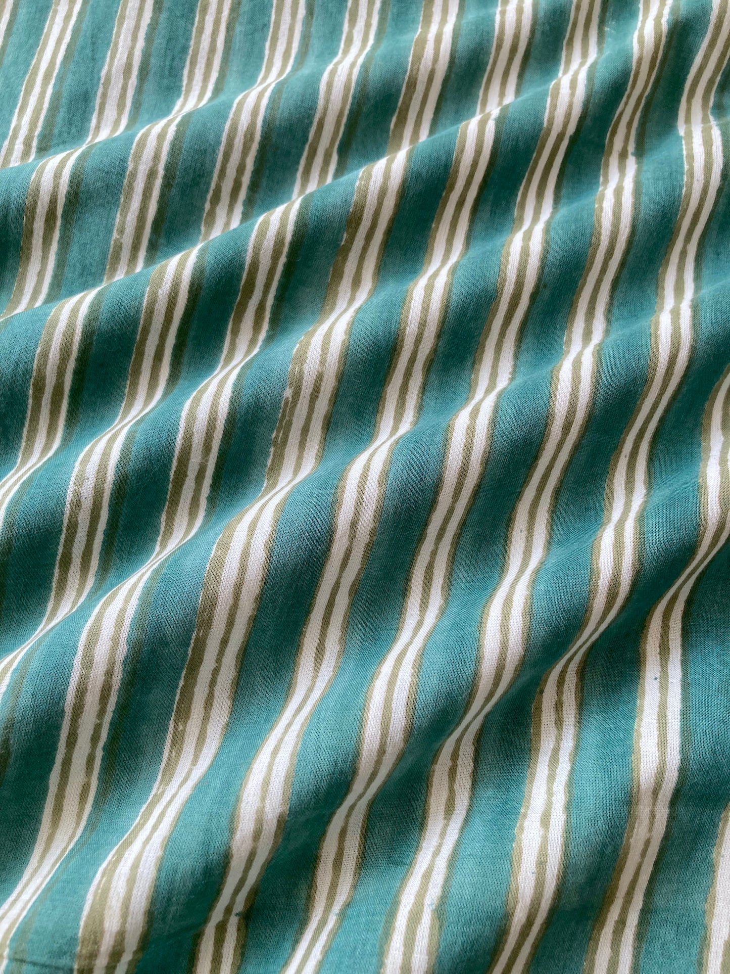 Hand Block Print Striped Green Cotton Fabric #224-28