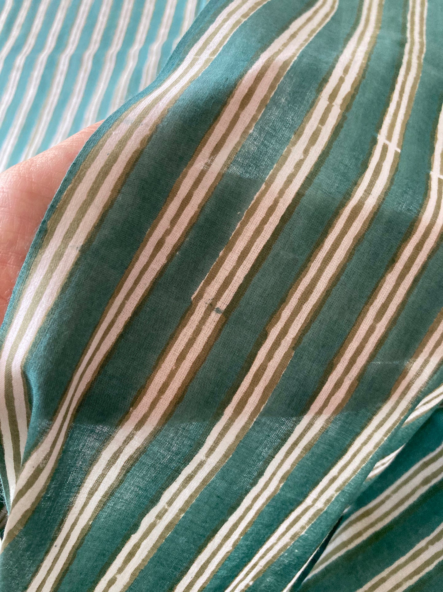 Hand Block Print Striped Green Cotton Fabric #224-28