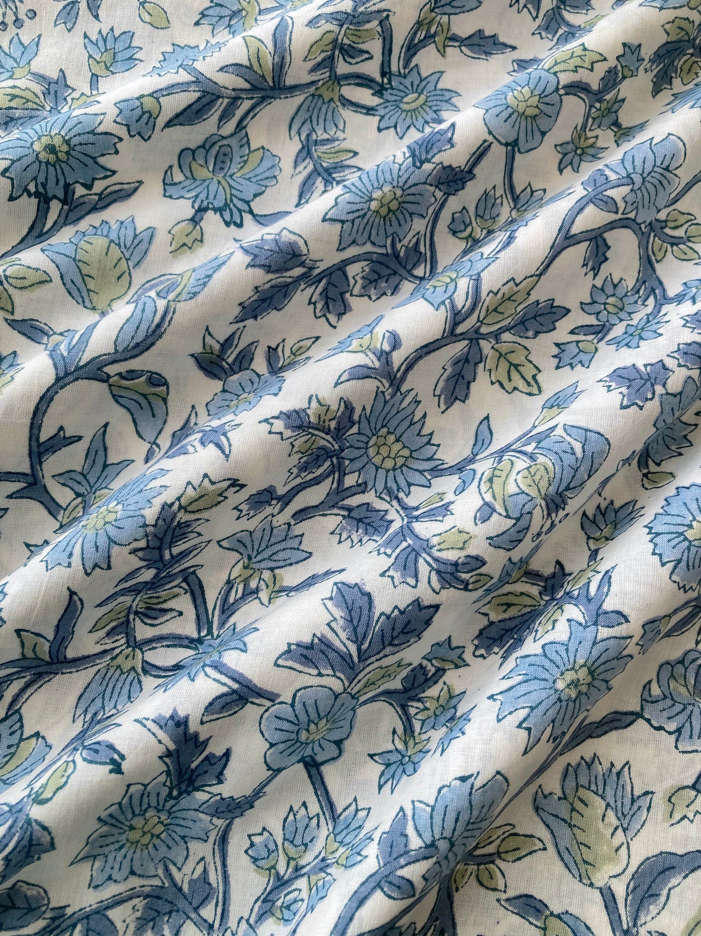 Hand Block Printed White Floral Cotton Fabric  #230-34