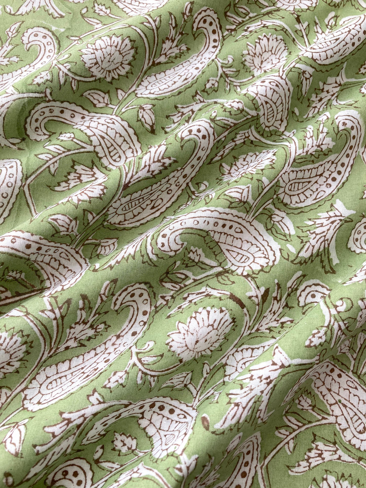 Hand Block Printed Light Green Cotton Fabric  #230-37