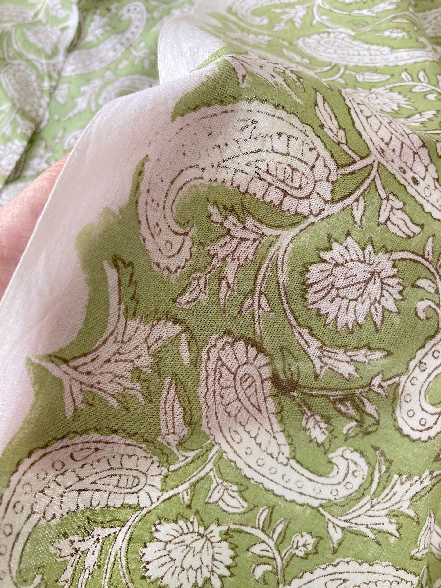 Hand Block Printed Light Green Cotton Fabric  #230-37