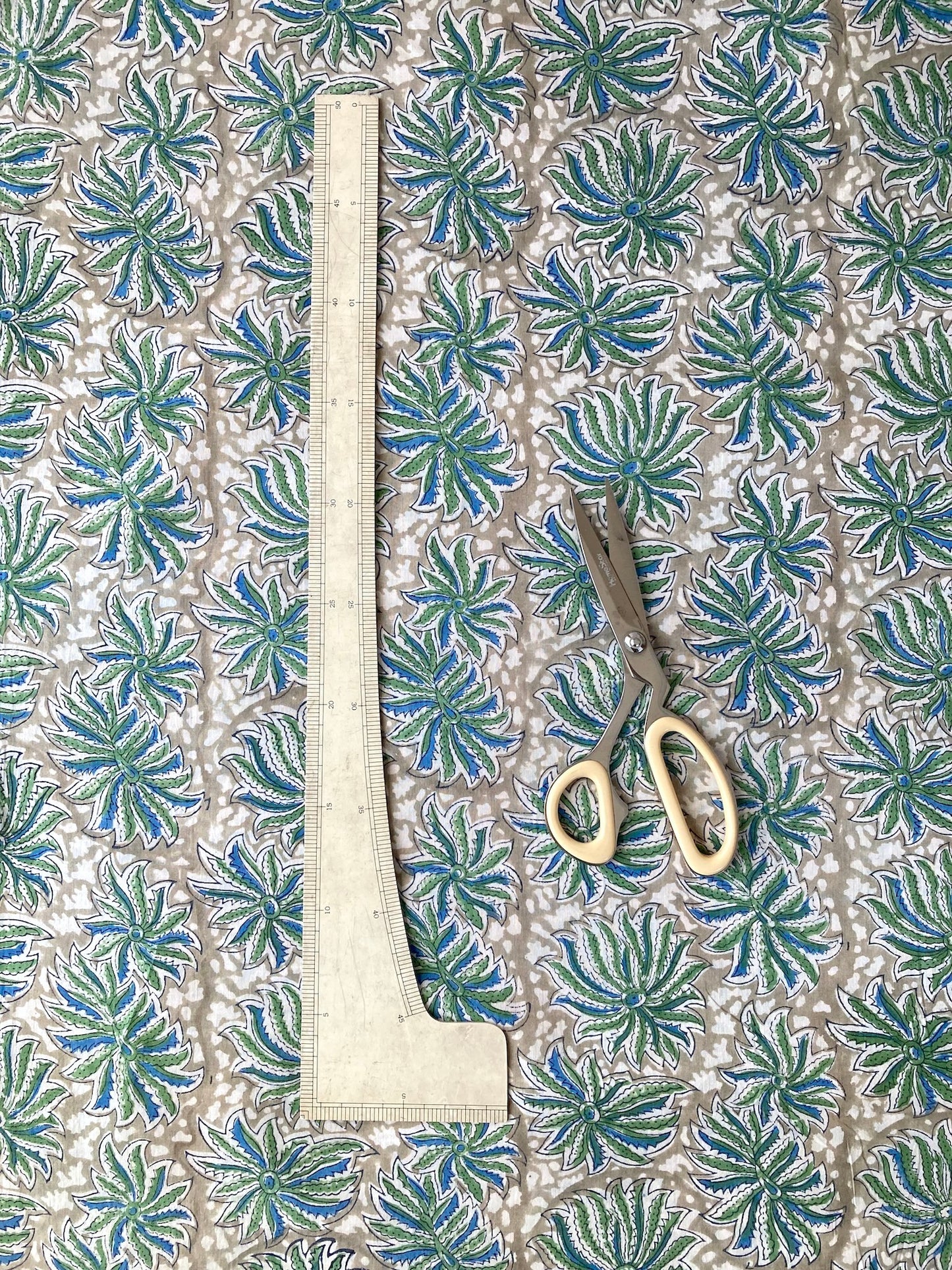 Hand Block Print Khaki Floral Cotton Fabric  #251-12
