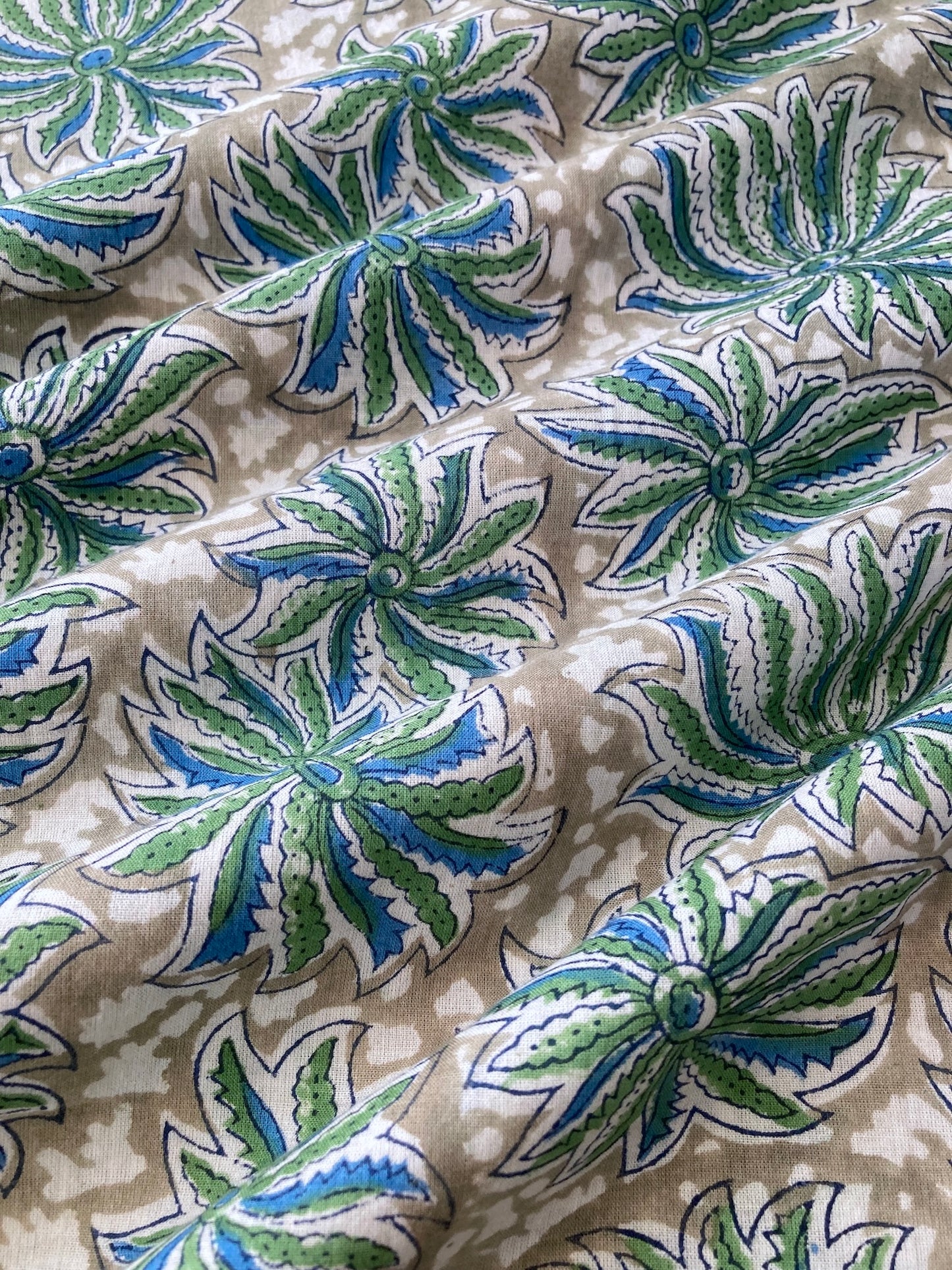 Hand Block Print Khaki Floral Cotton Fabric  #251-12
