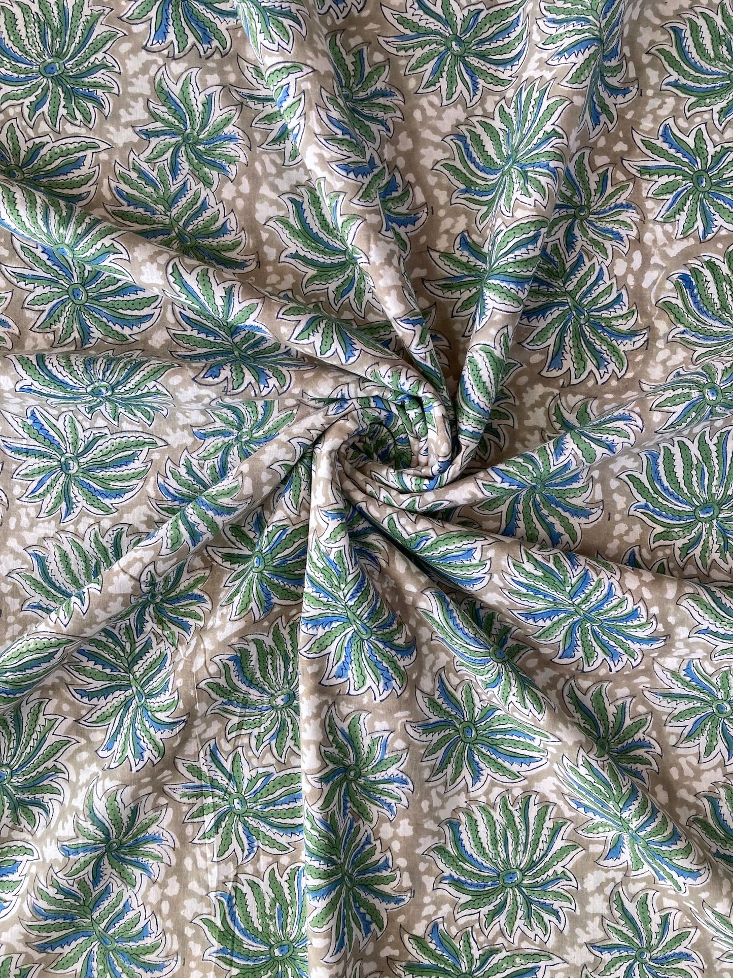 Hand Block Print Khaki Floral Cotton Fabric  #251-12