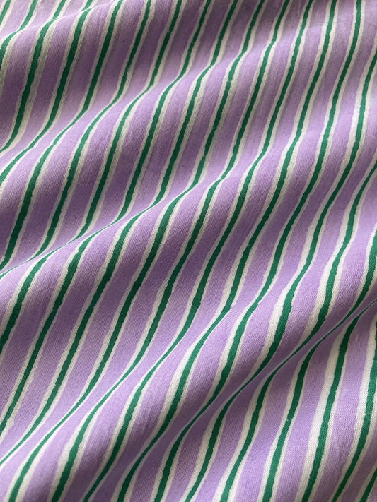 ハンドブロックプリント パープル x グリーン ストライプ コットン生地  #273-13